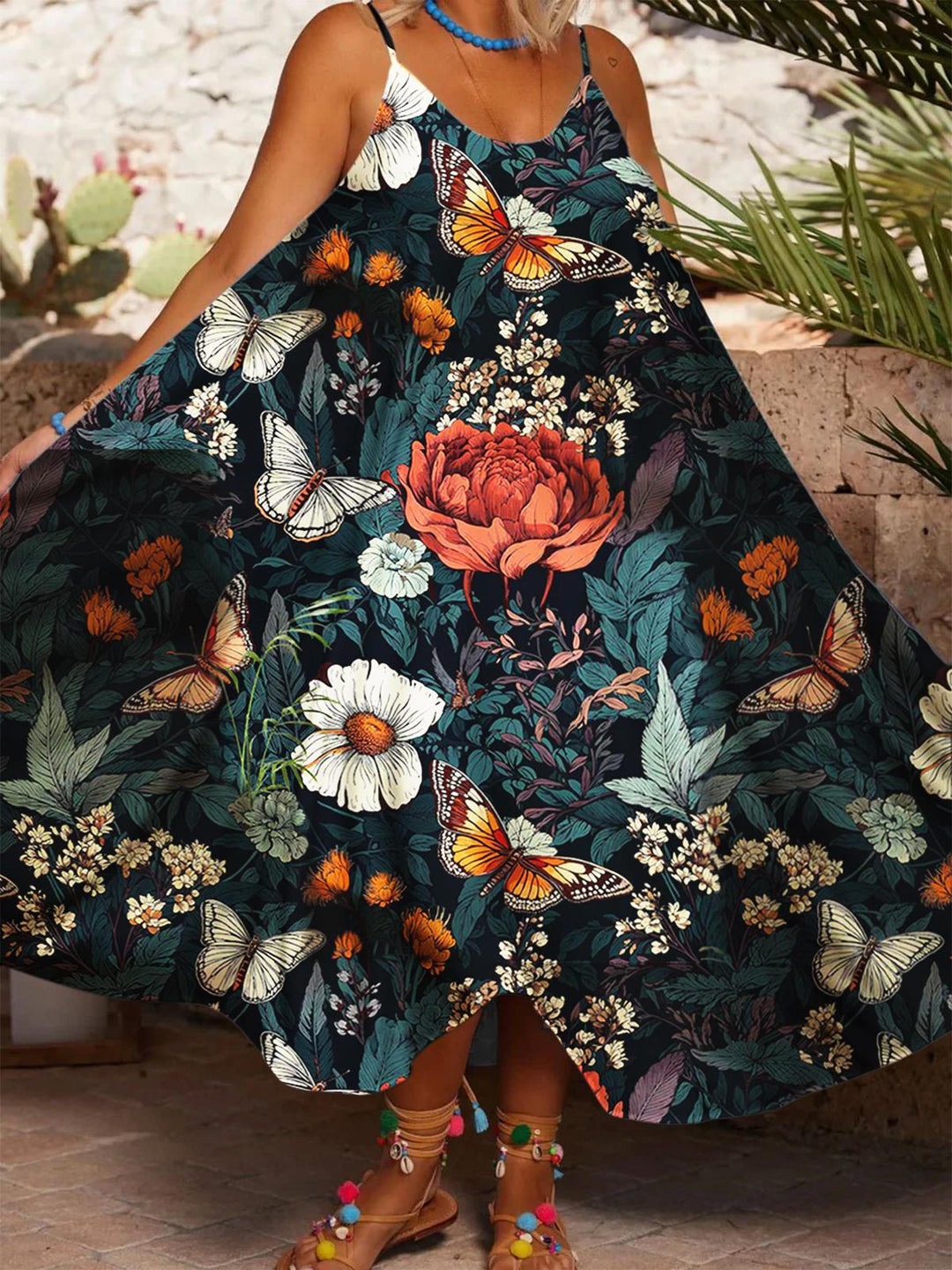 Butterfly Floral Print Casual Spaghetti Strap Dress