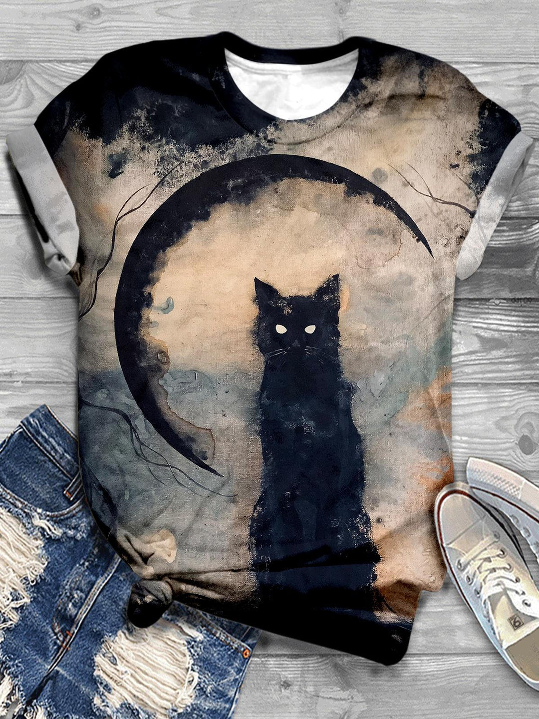 Black Cat Moon Print Casual T-shirt