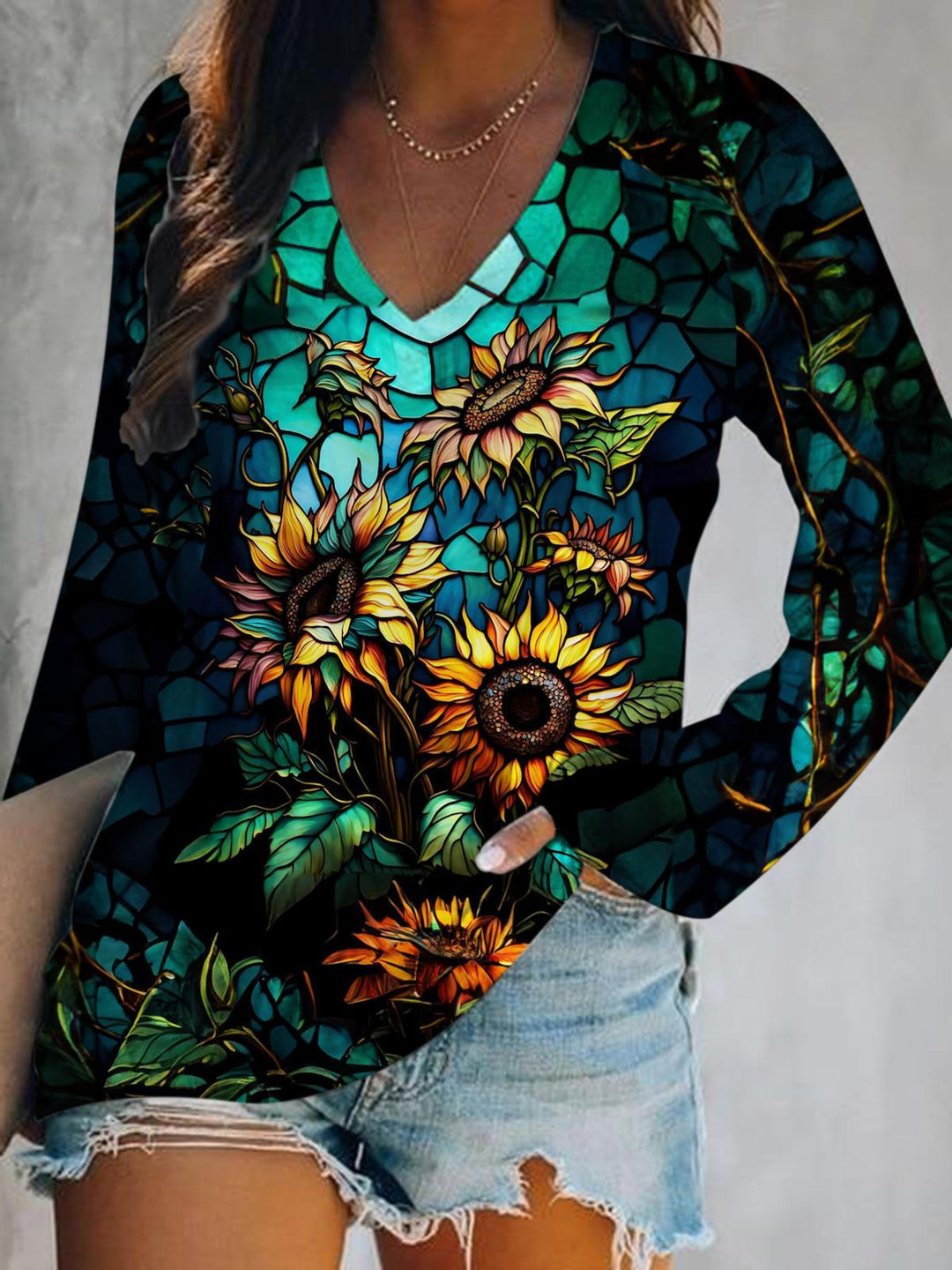 Women's Sunflower Print V-Neck Long Sleeve Top