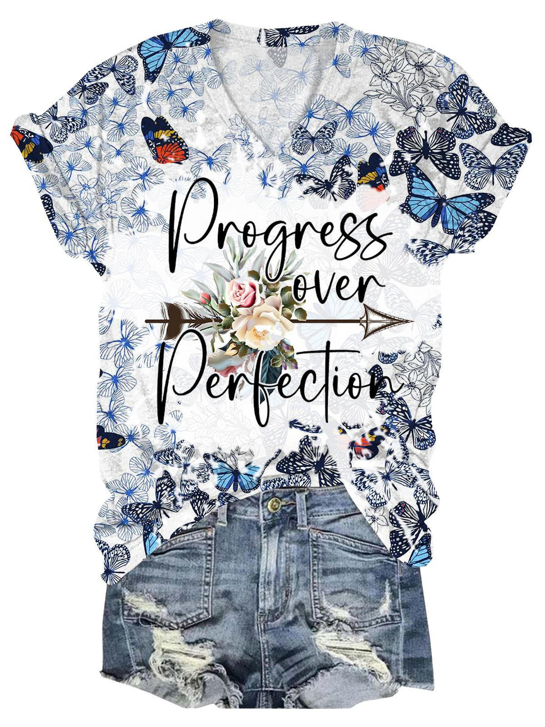 Progress Over Perfection Flower Butterfly V-Neck Short Sleeve T-Shirt