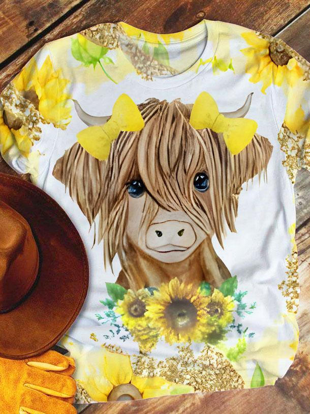 Sunflower Cow Print Crew Neck T-Shirt