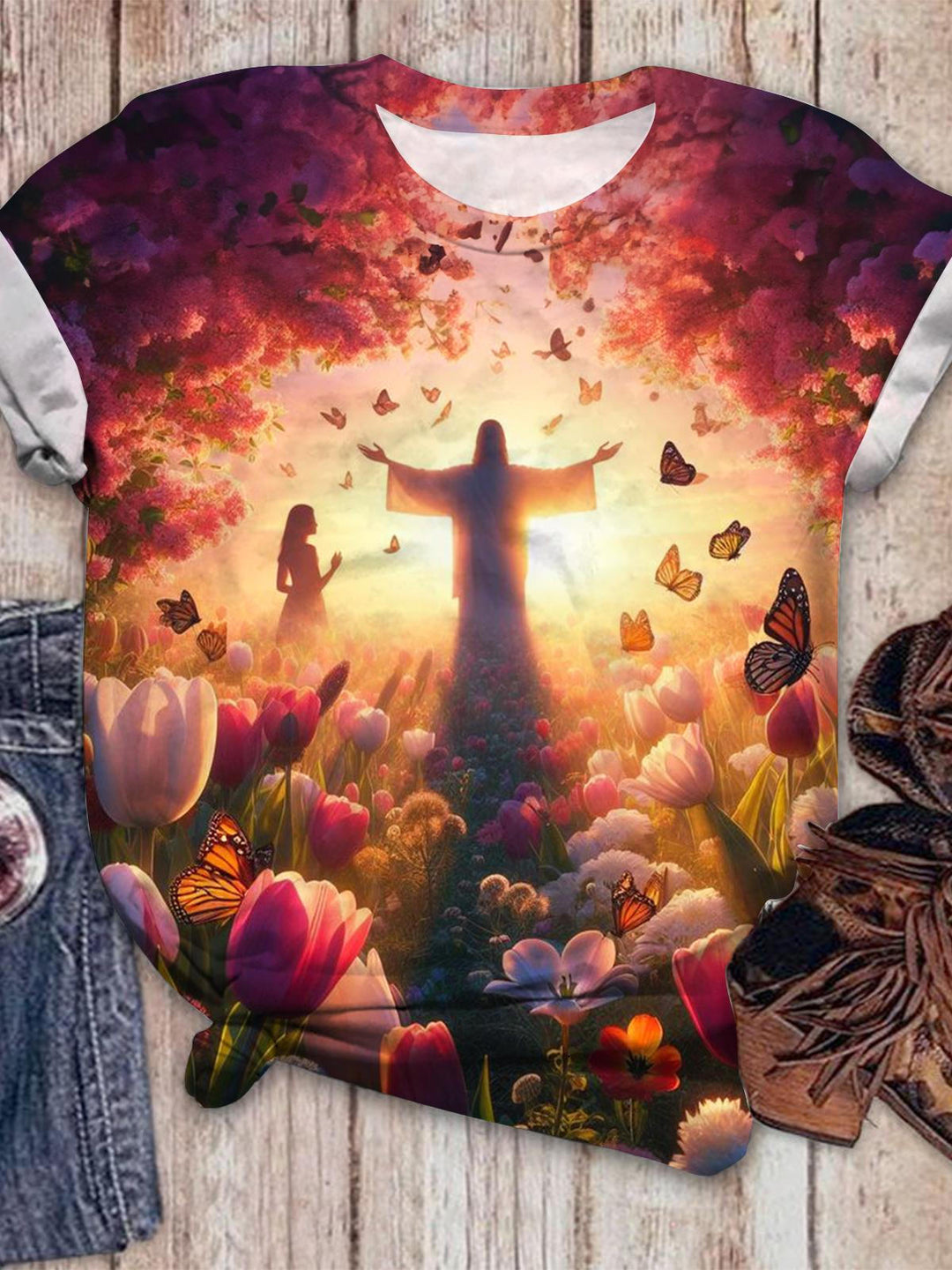 Jesus In Tulip Field Crew Neck T-shirt