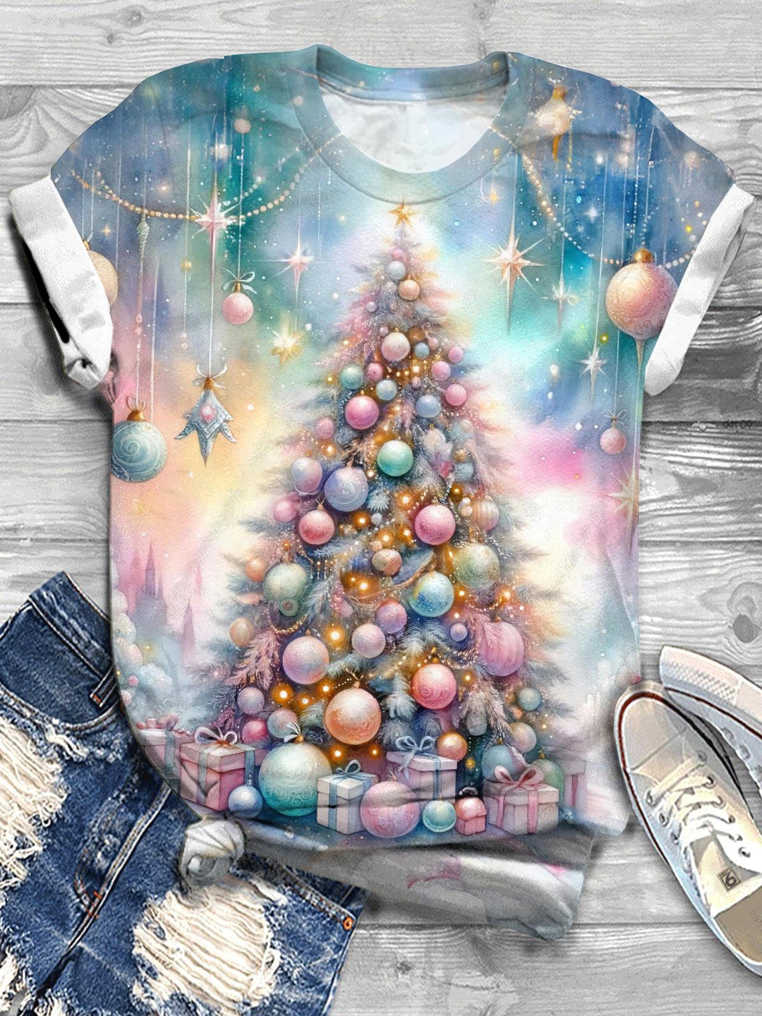 Colorful Christmas Tree Print T-Shirt