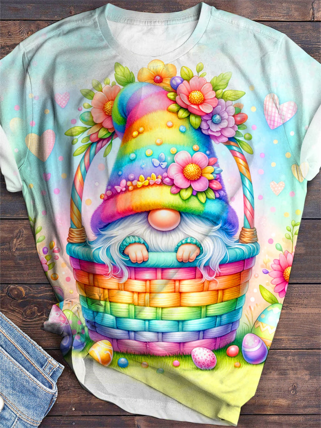 Easter Basket Gnome Print Crew Neck T-Shirt