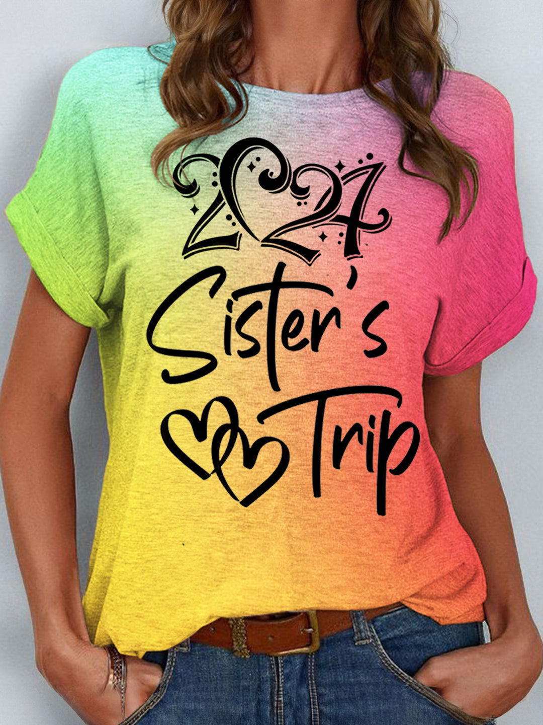 2024 Sisters Trip Print Crew Neck T-shirt