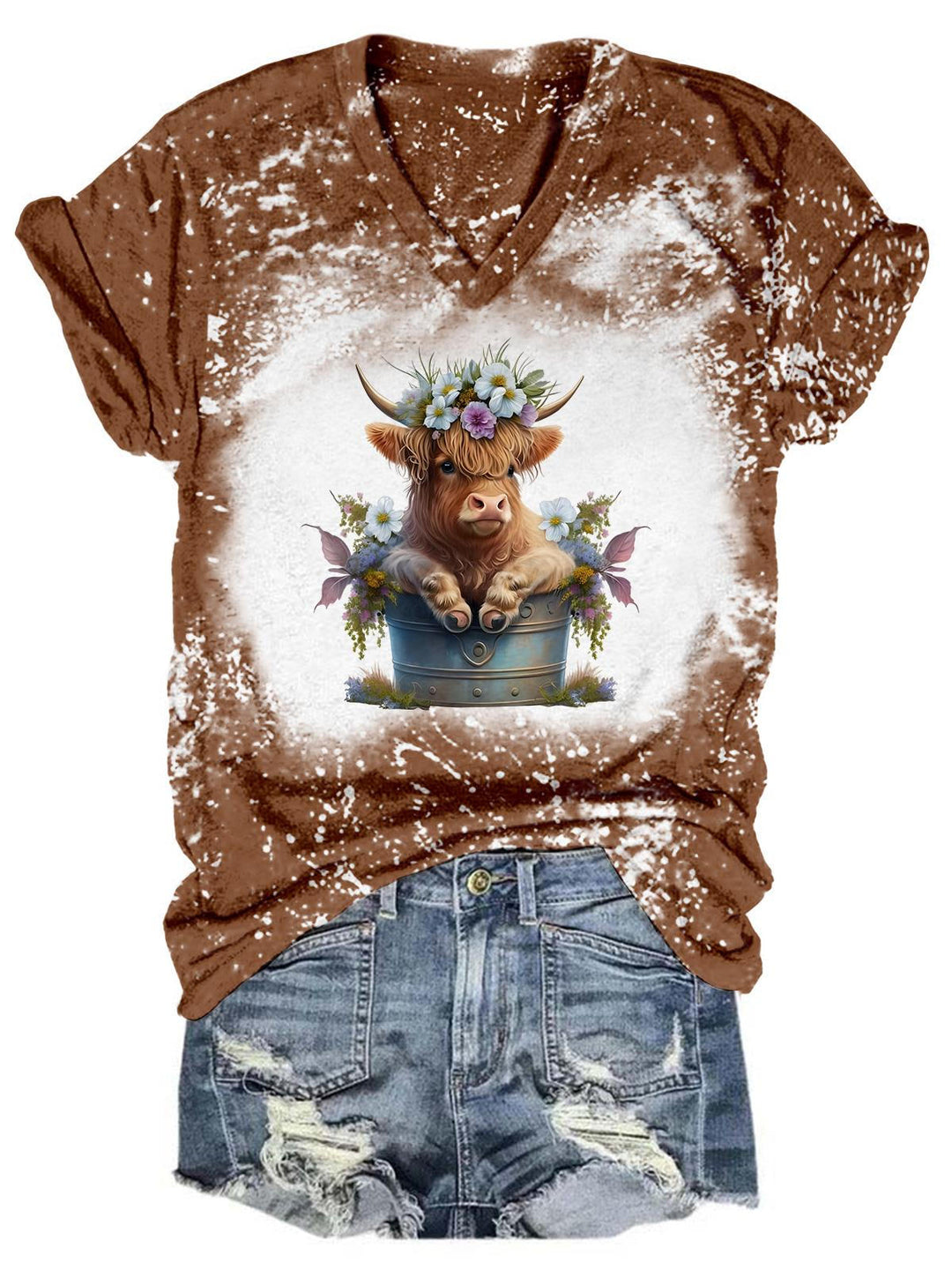 Flower Babe Highland Cow Tie Dye V Neck T-Shirt
