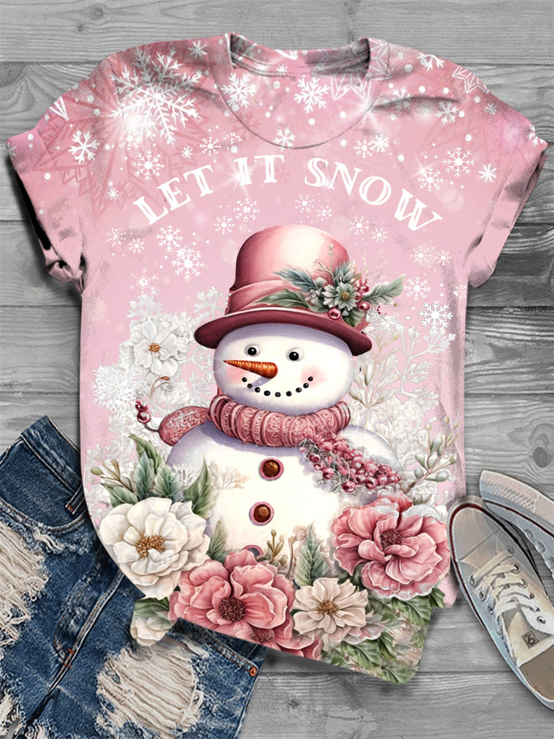 Pink Floral Snowman Print Crew Neck T-Shirt