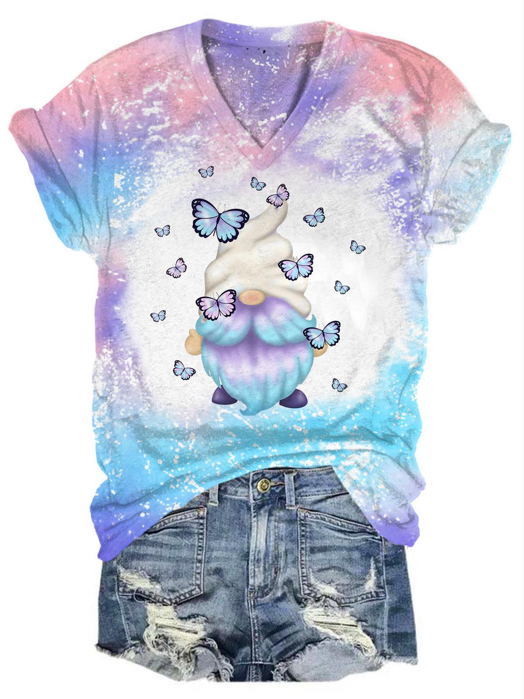 Butterfly Gnome Print V-Neck T-Shirt