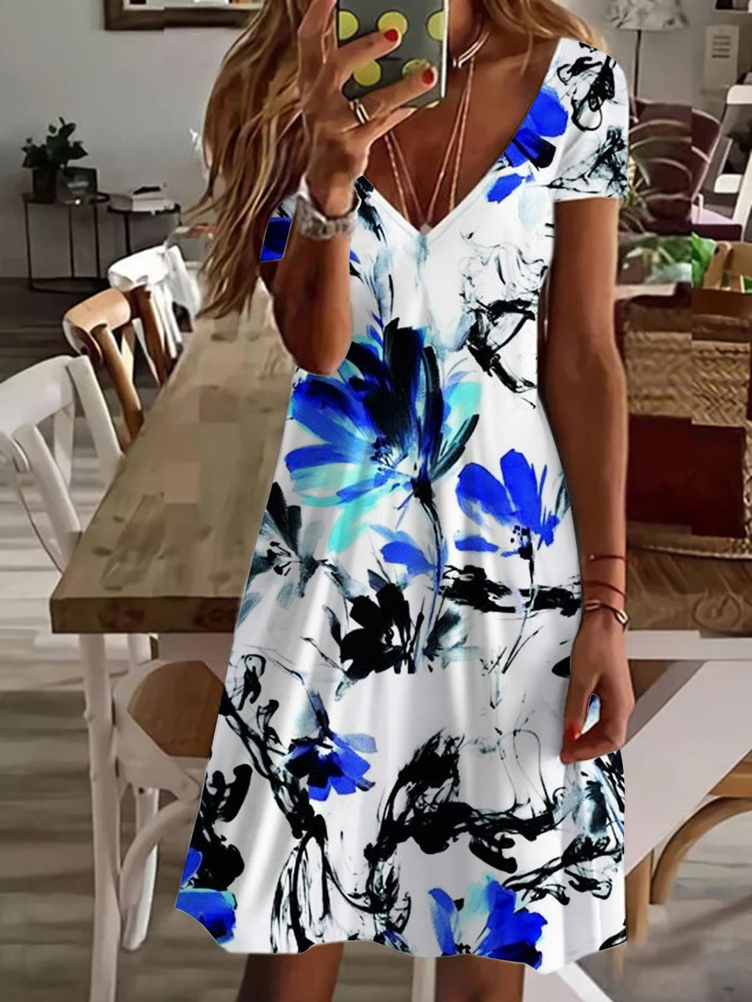 Abstract Ink Flowers V Neck Short Sleeve Dress