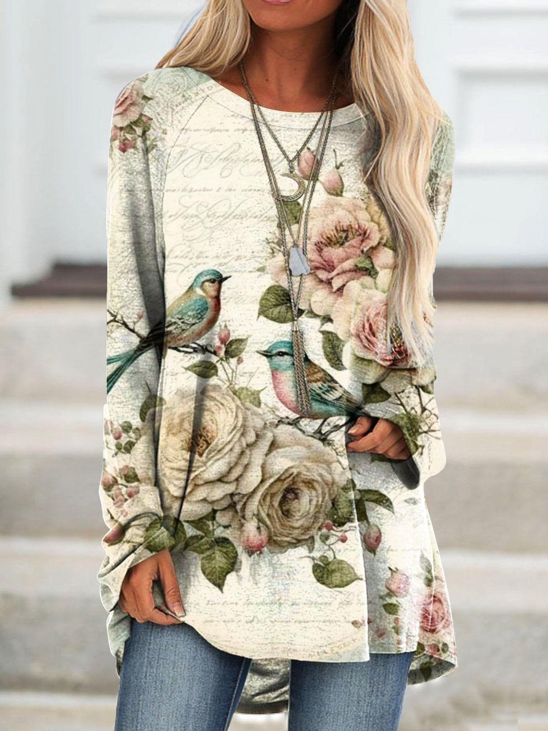 Vintage Floral and Bird Crew Neck Long Sleeve Top