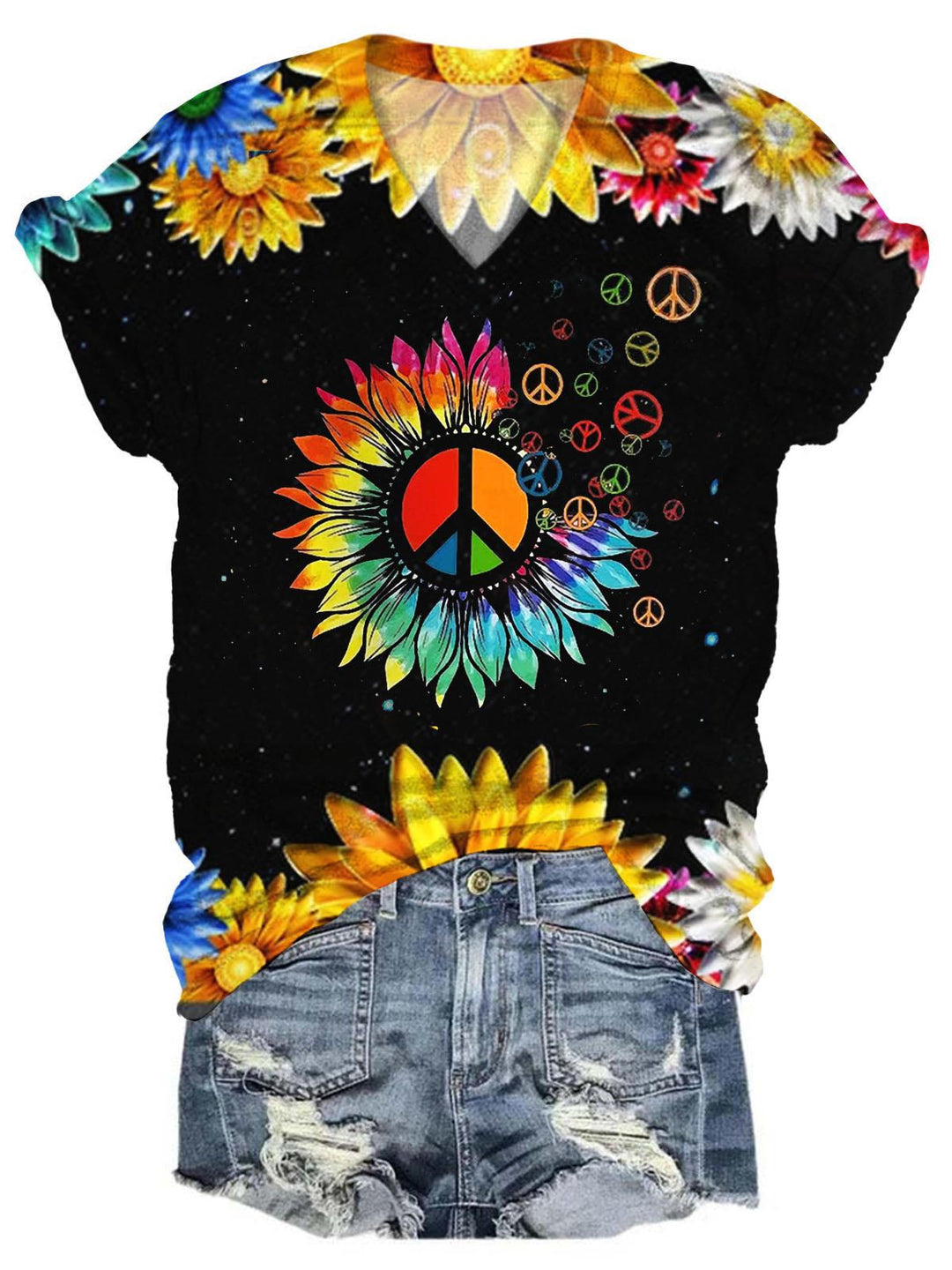 Women's V Neck Sunflower Hippie Print T-Shirt