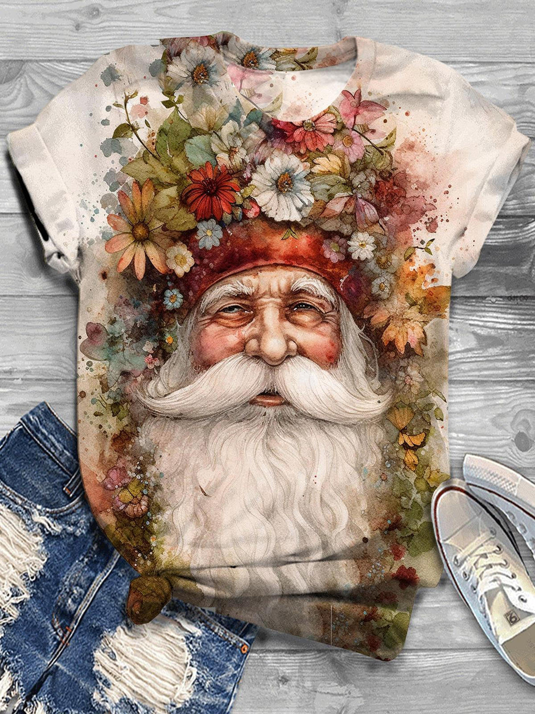 Vintage Floral Santa Print Crew Neck T-shirt