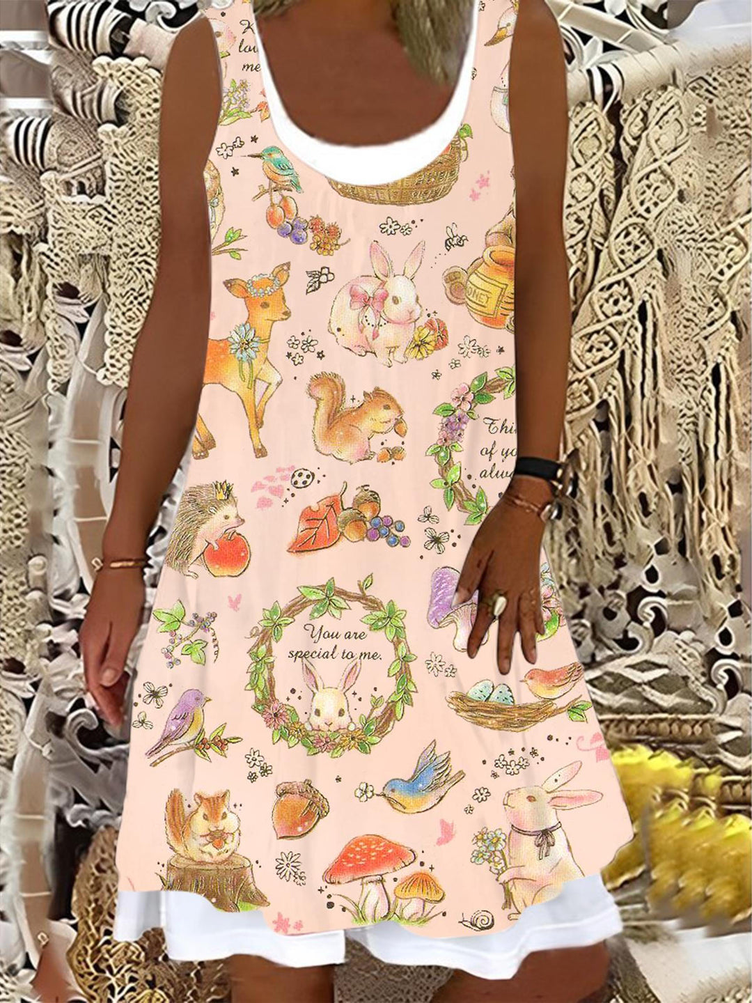 Ladies Easter Day Animals Print False Two Dress