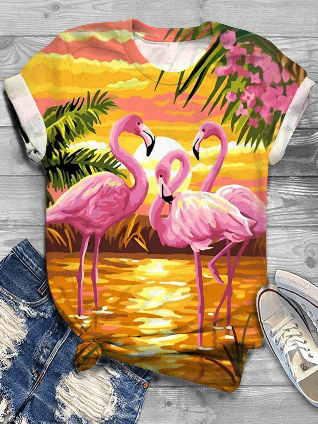 Women's Flamingos Print Crew Neck T-shirt