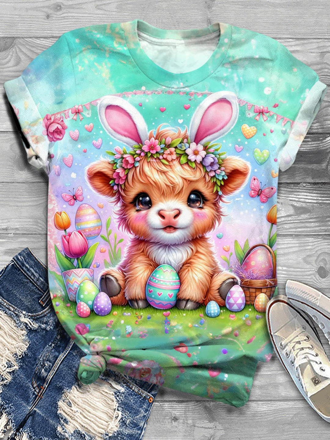 Bunny Baby Highland Cow Crew Neck T-shirt