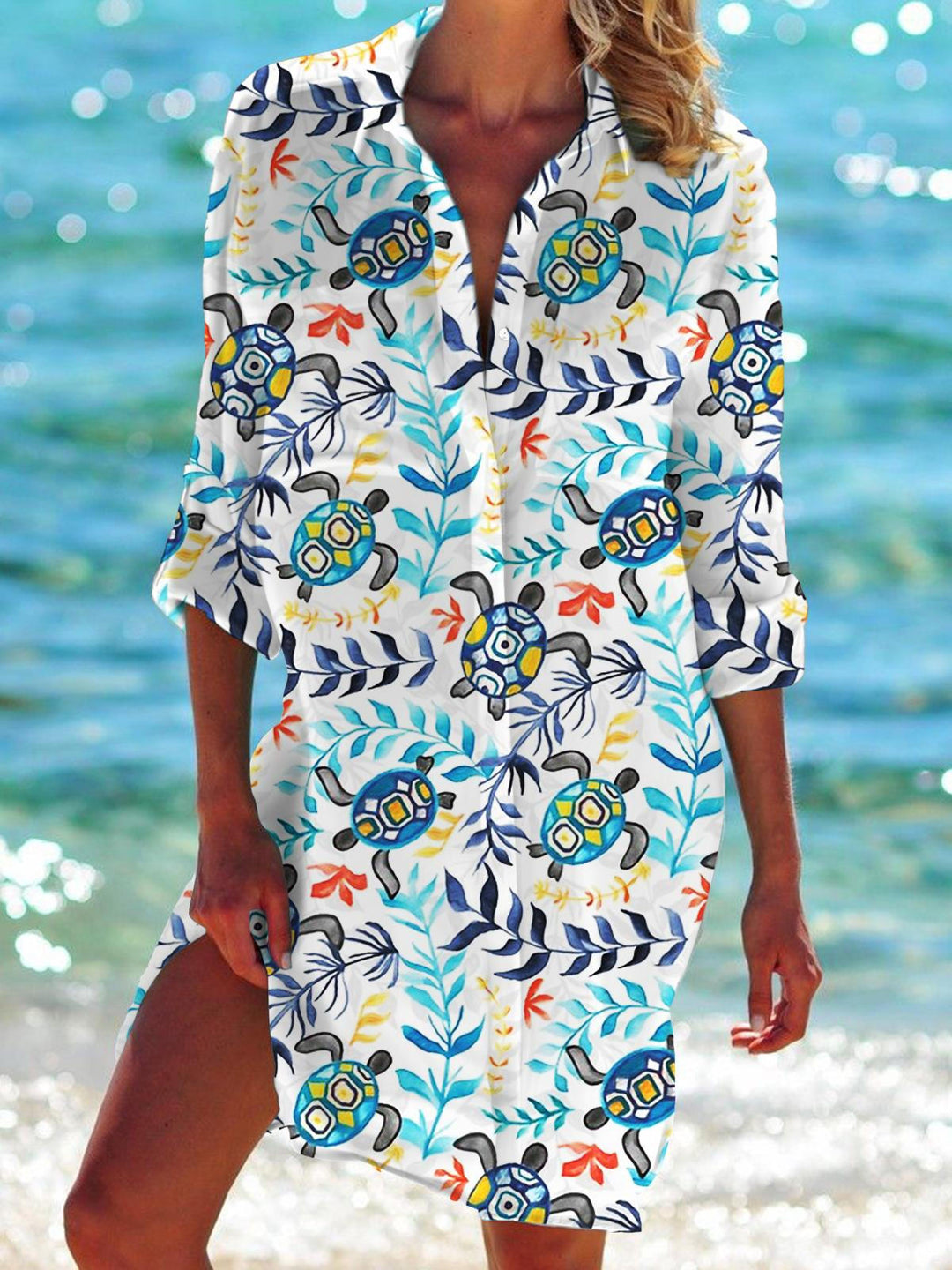 Sea Turtle Plantt Long Sleeve Beach Shirt Dress