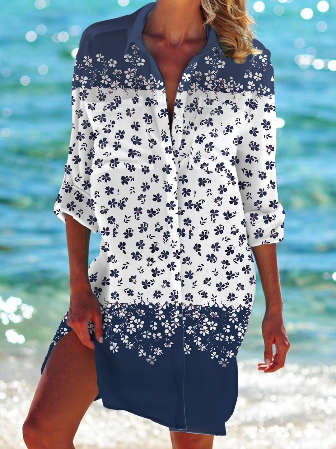 Floral Contrast Print Long Sleeve Beach Shirt Dress