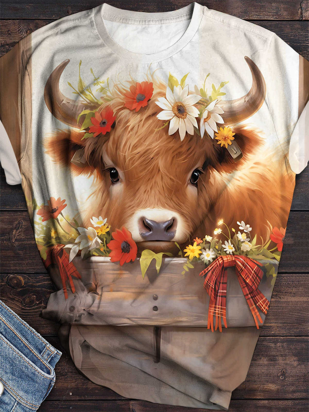 Floral Cute Highland Cow Crew Neck T-Shirt