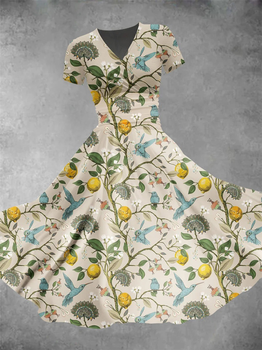 Hummingbird Lemon V Neck Short Sleeve Women's Dress
