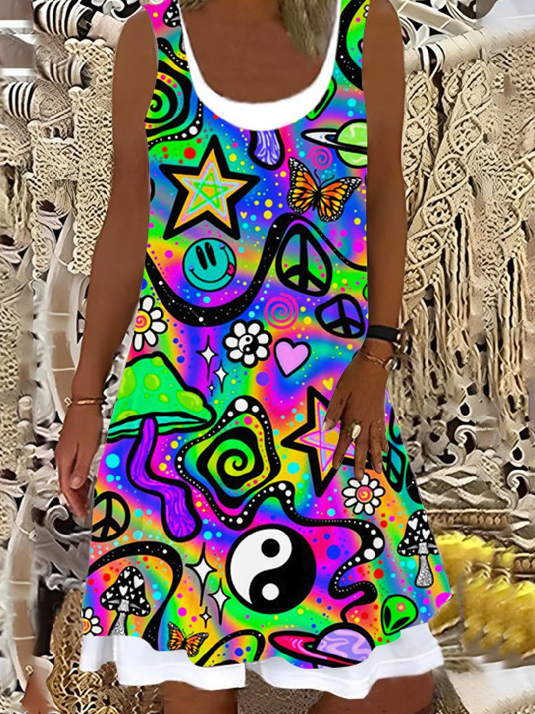 Women's Hippie Print s False Two Dress