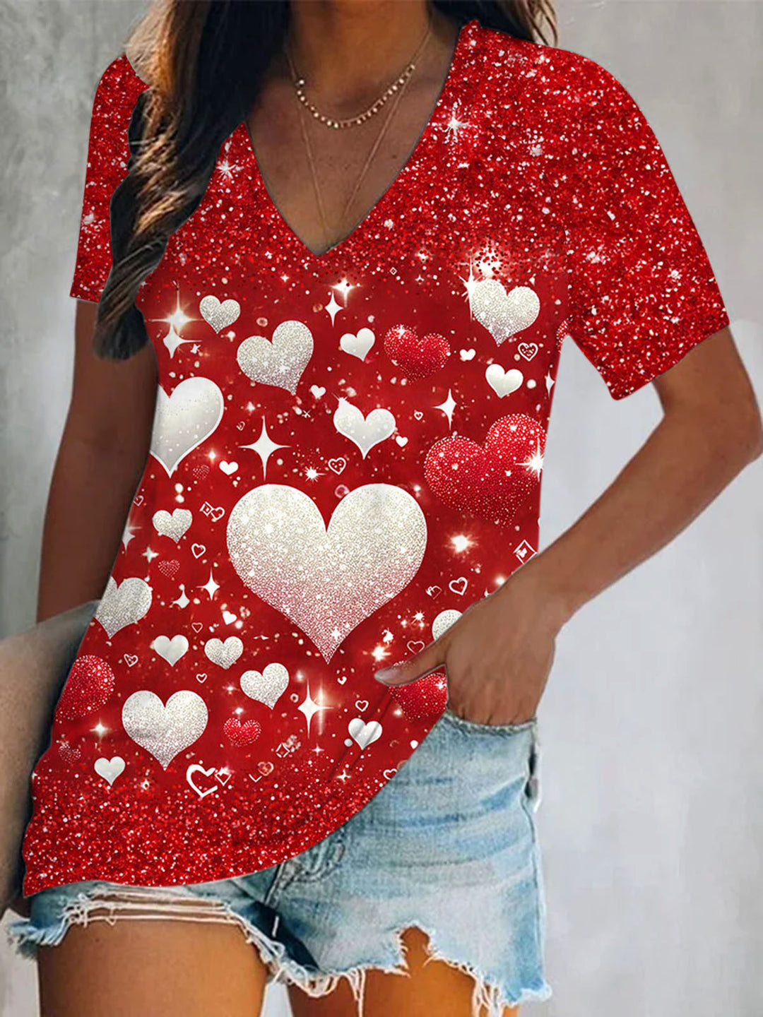 Glitter Valentines Day Hearts Short Sleeve V Neck Print Top
