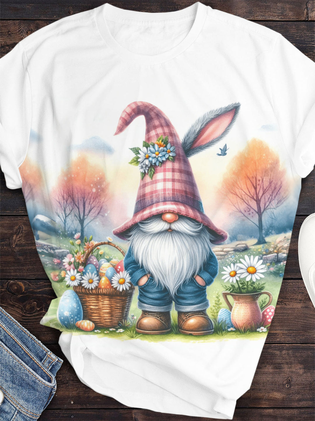 Floral Gnome Bunny Print Crew Neck T-shirt