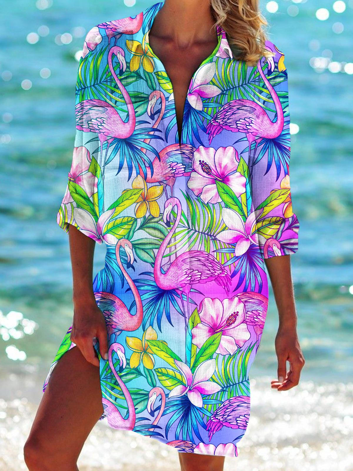 Women's Flamingo Print Beach Shirt Dress – Wonder closets