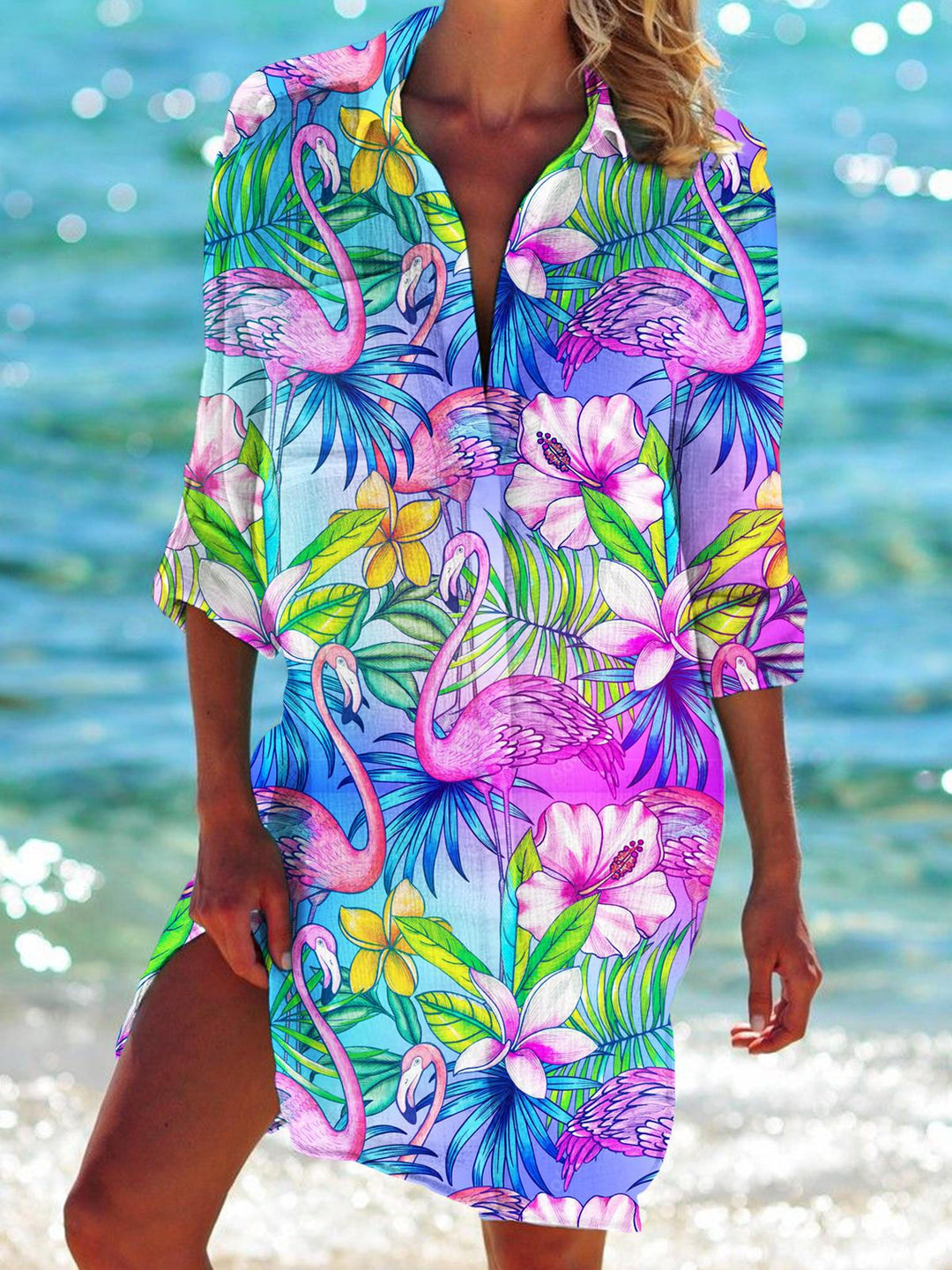 Women's Flamingo Print Beach Shirt Dress