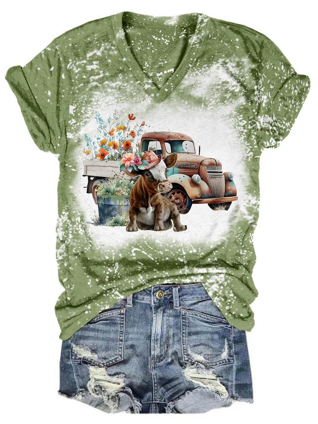 Flower, Truck Calf Tie Dye V Neck T-Shirt