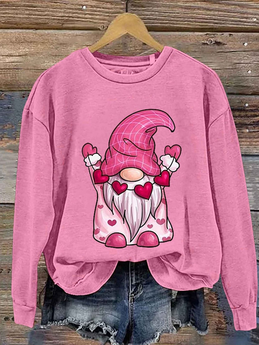 Valentine's Day Cute Gnome Love Art Women's Round Neck Long Sleeve Top