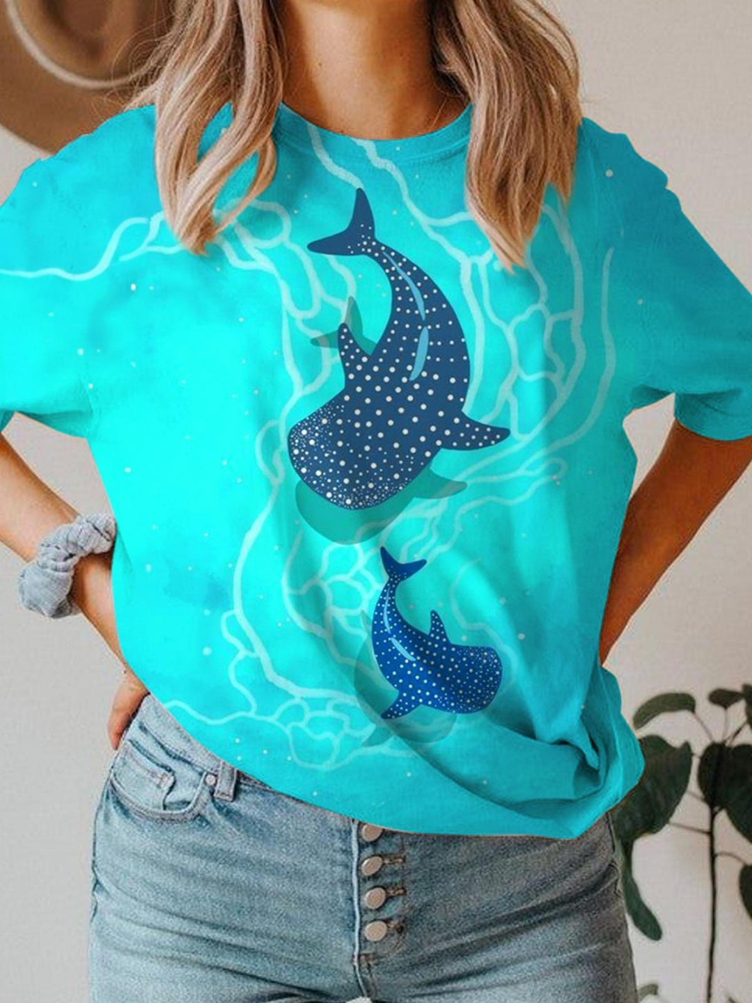 Whale Mother And Child Crew Neck T-shirt