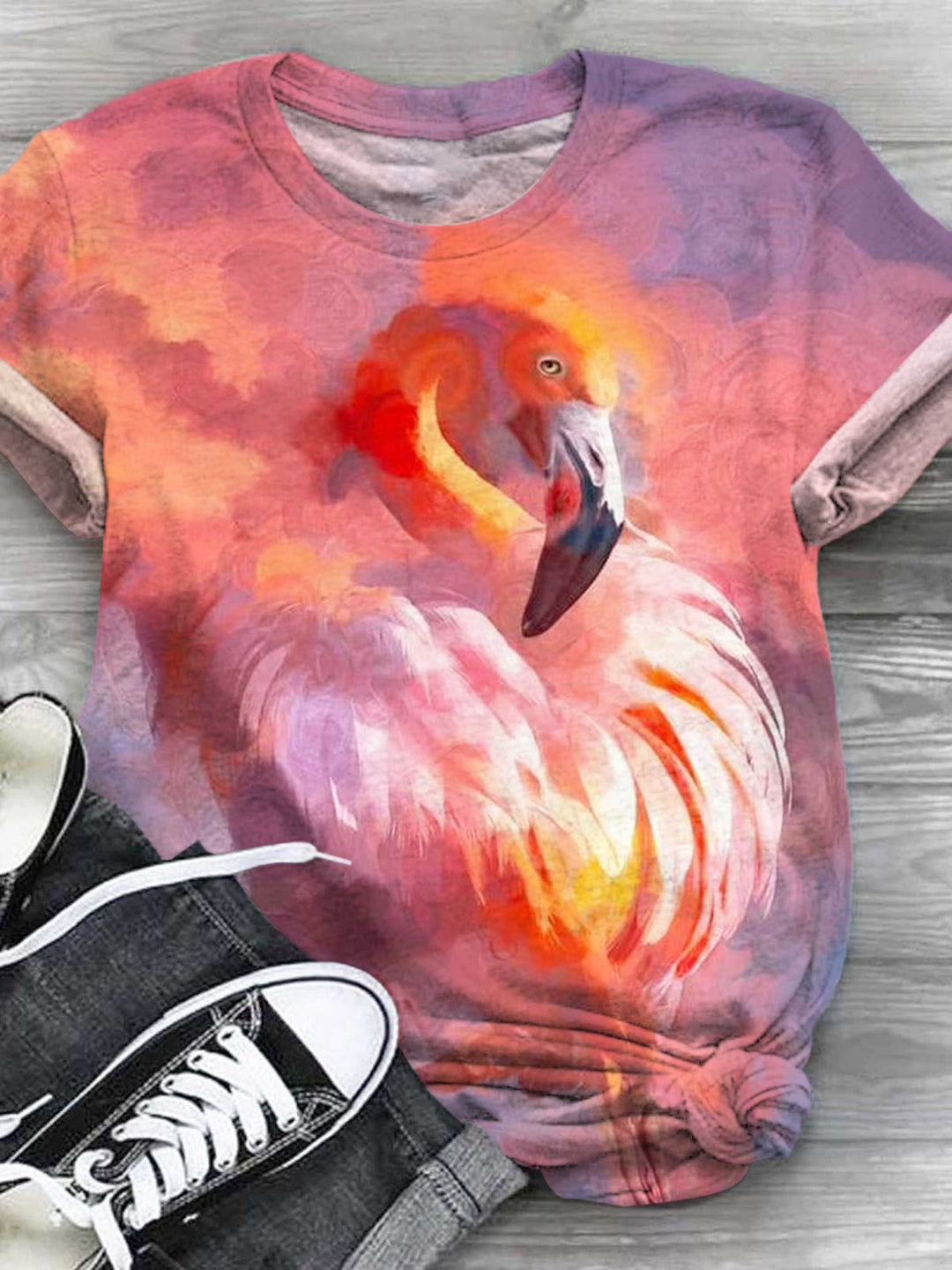 Flamingo Print Short Sleeve Crew Neck T-Shirt