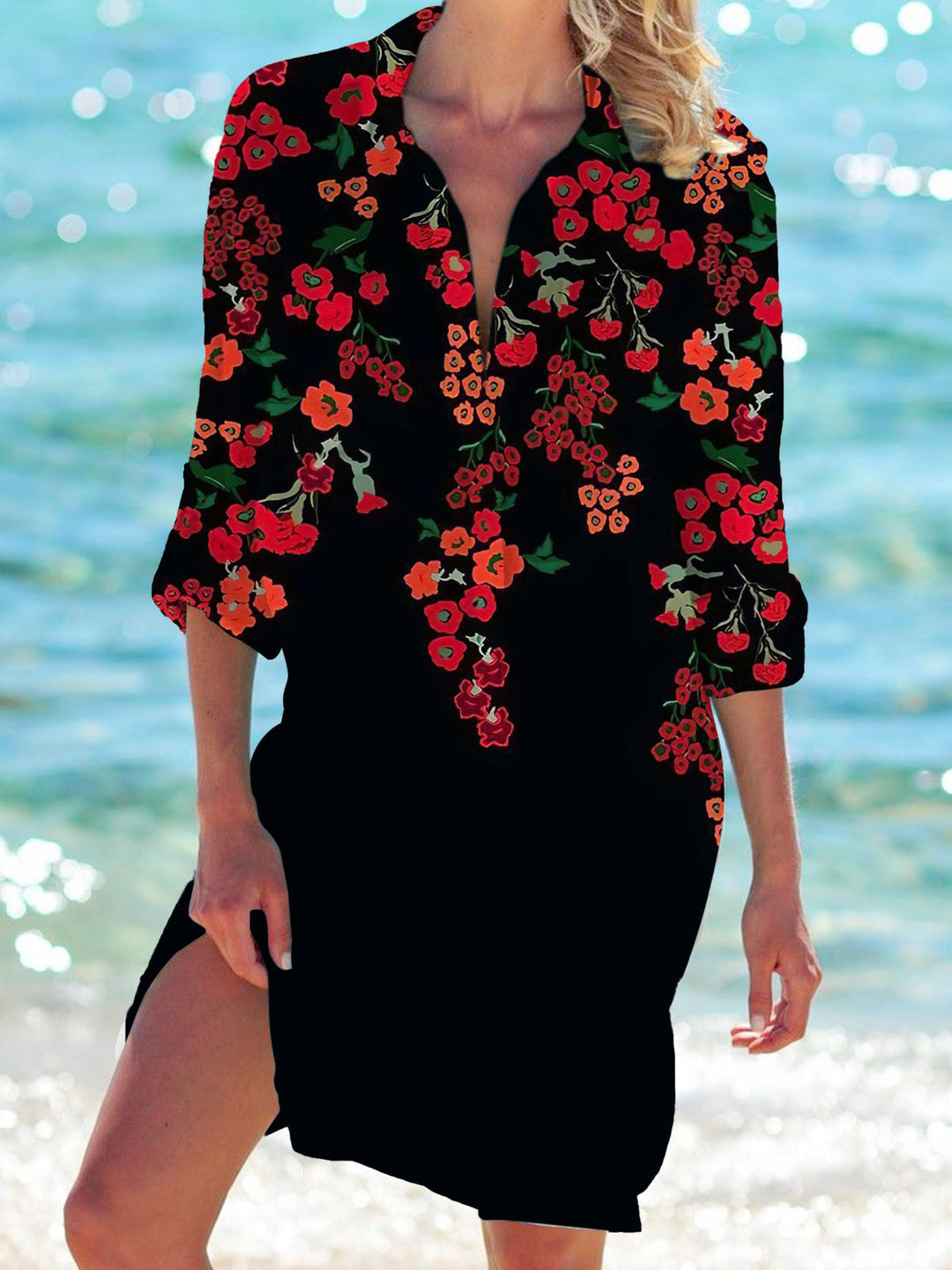 Women's Floral Print Beach Shirt Dress