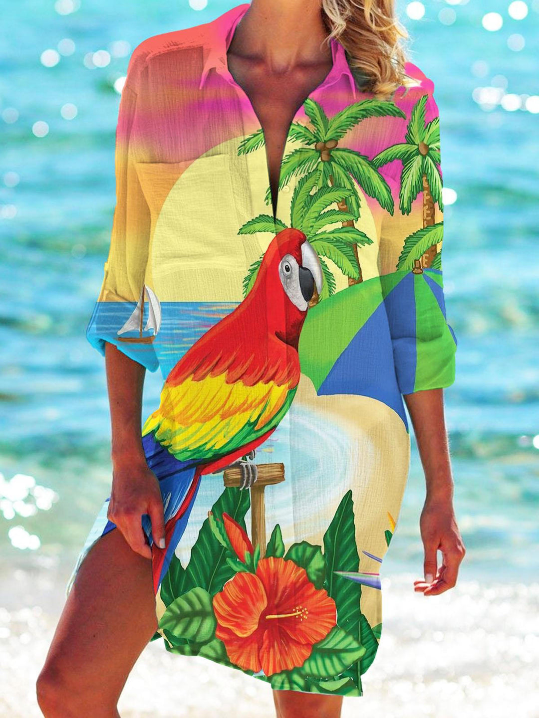 Paradise Parrot Print Beach Shirt Dress