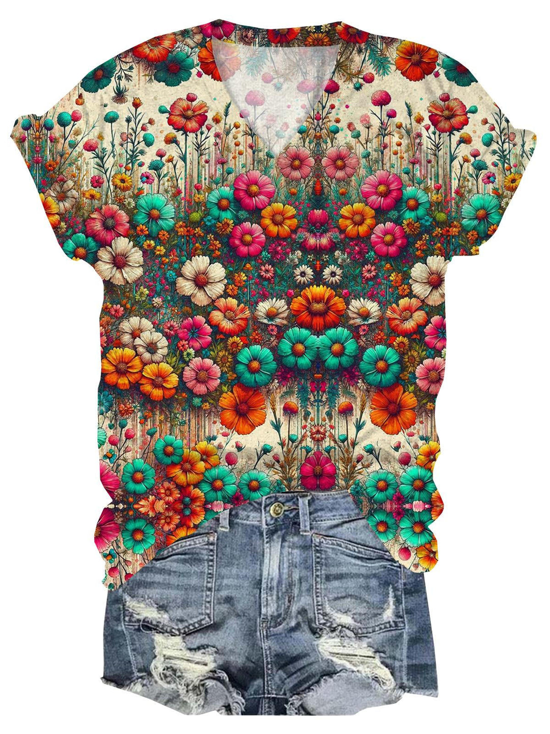 Flower V-Neck Short Sleeve T-Shirt