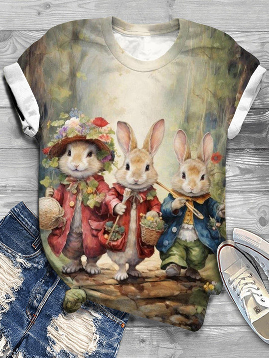 Rabbit Graphic Round Neck Short Sleeve T-Shirt