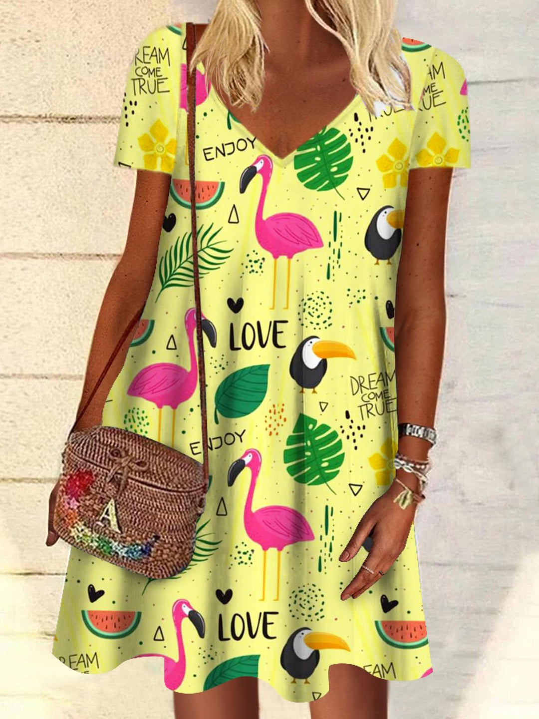 Flamingo Plant Print V Neck Short Sleeve Dress