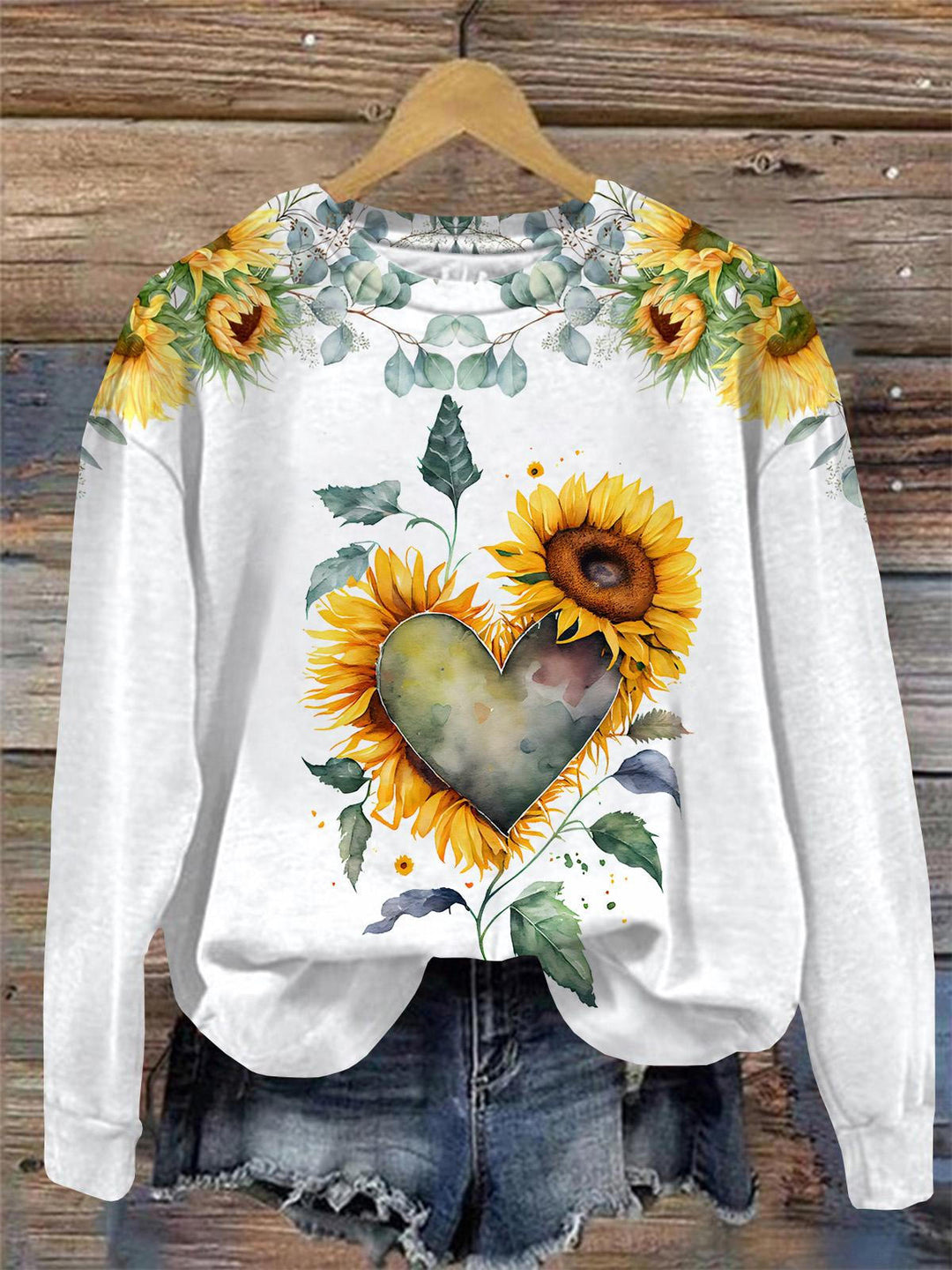 Sunflower Print Round Neck Long Sleeve Top