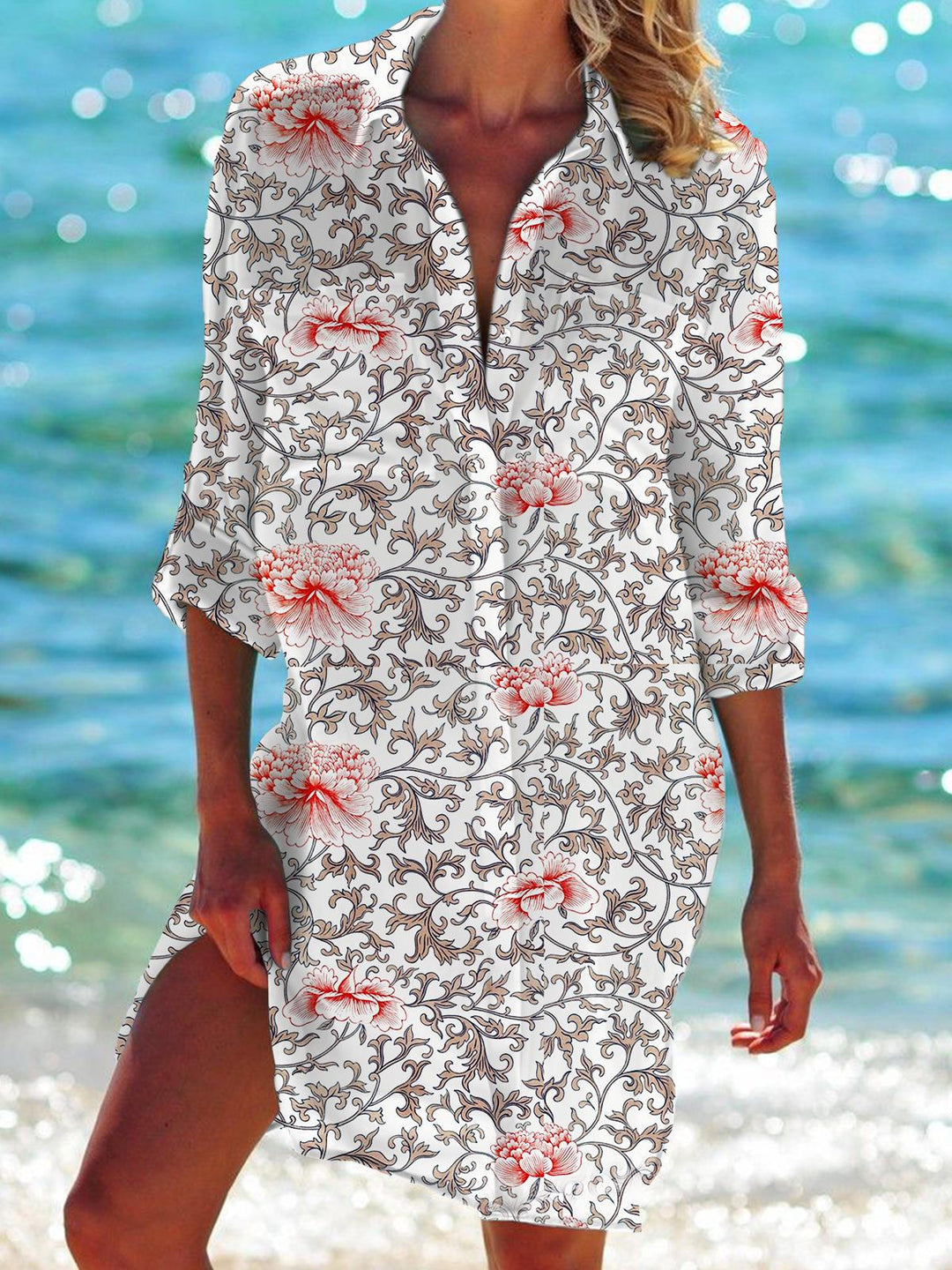 Flower Long Sleeve Beach Shirt Dress