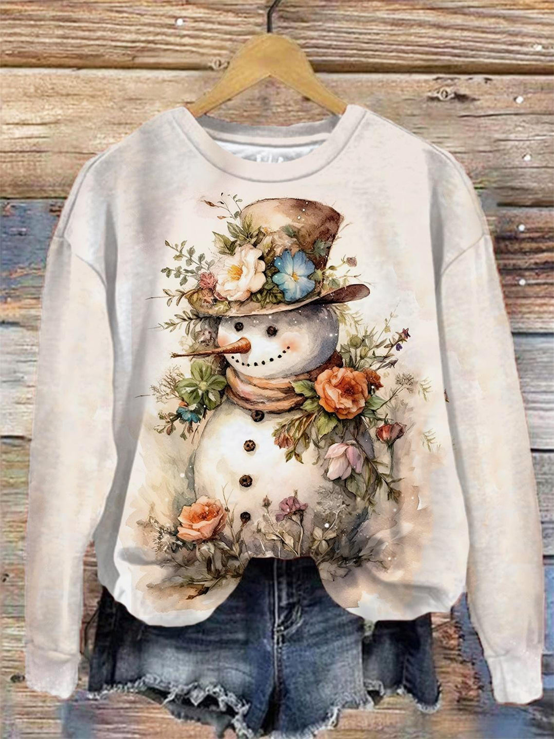 Retro Floral Snowman Crew Neck Long Sleeve Top