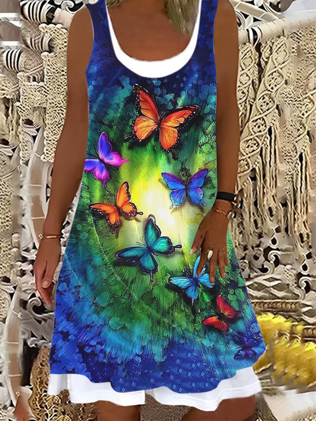 Ladies Butterfly Print False Two Dress