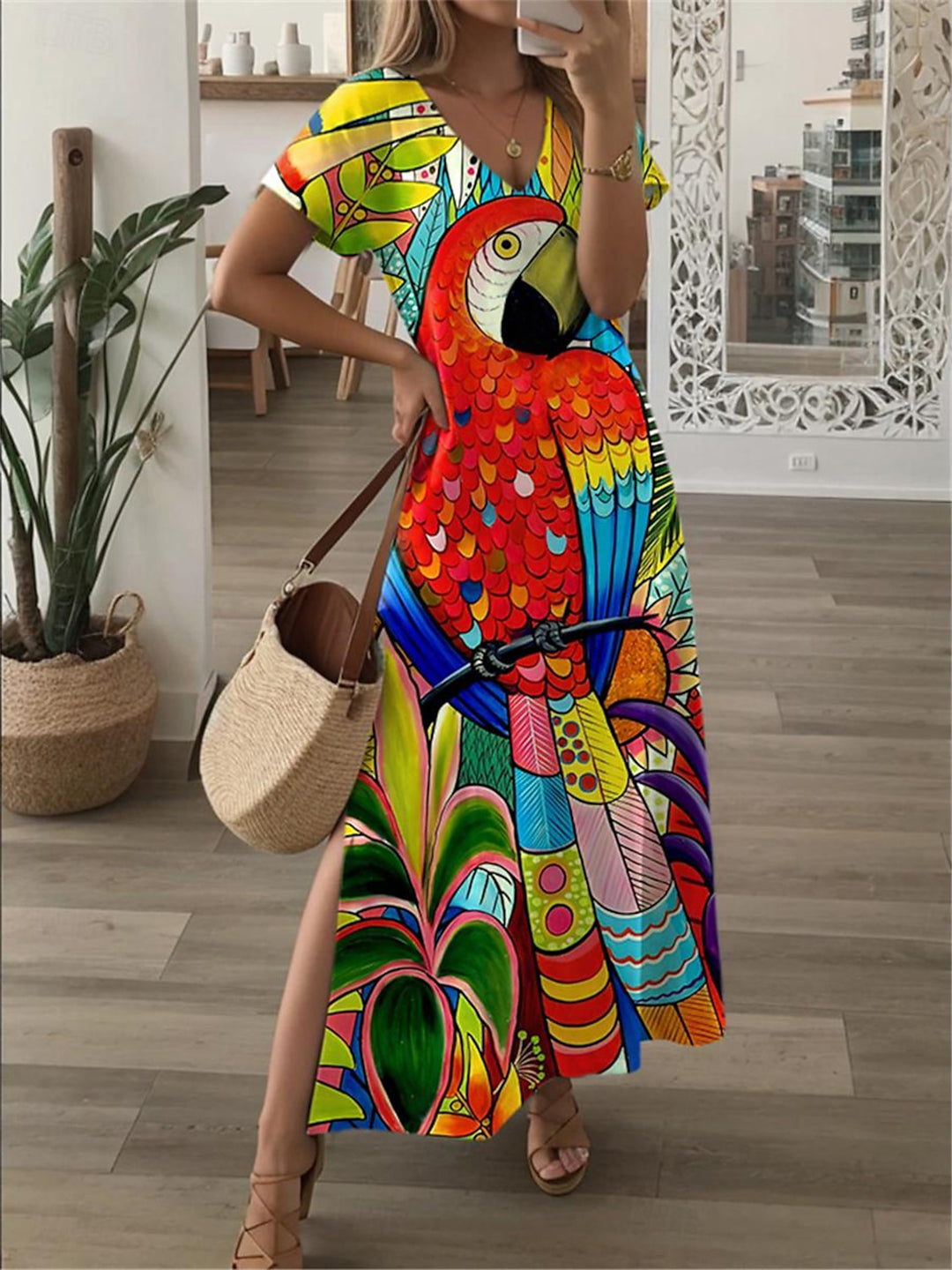 Flower Parrot Print Short Sleeve V Neck Maxi Dress