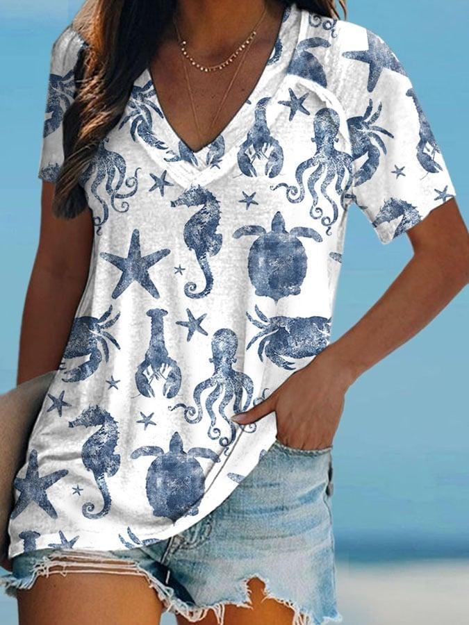 Retro Marine life Print V-neck T-Shirt