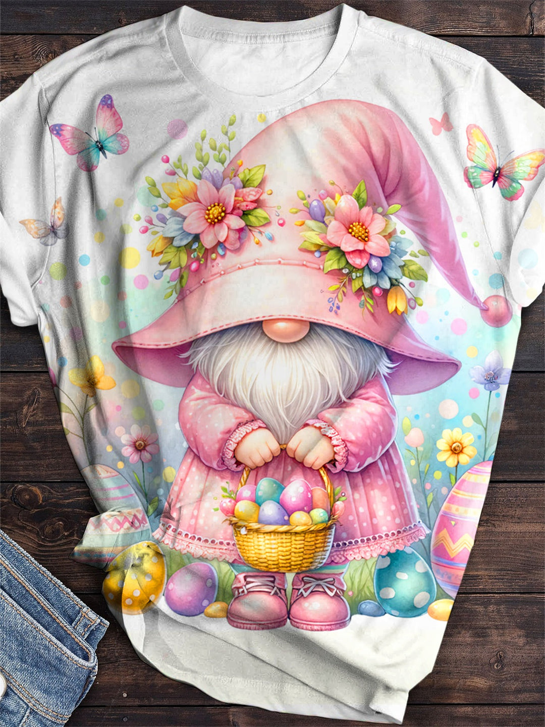 Cute Easter Gnome Print Crew Neck T-Shirt