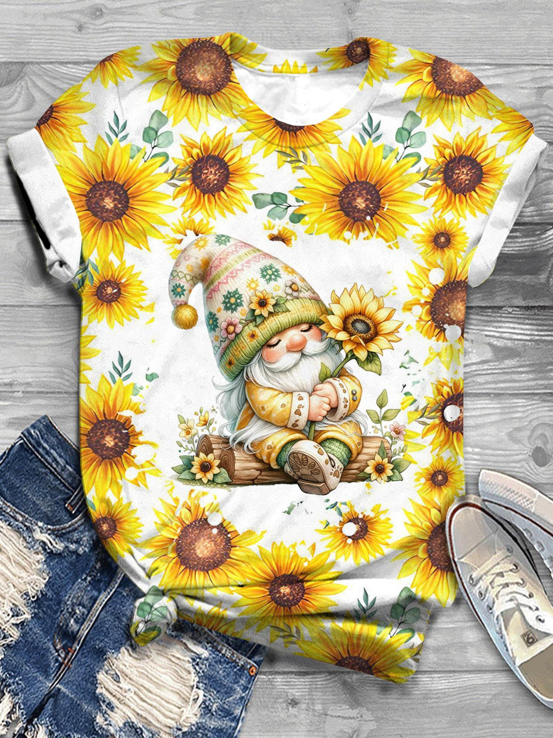 Spring Sunflowers Gnome Print Crew Neck T-shirt