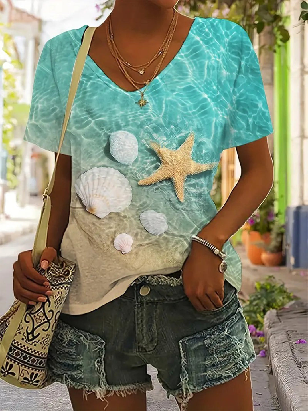 Beach Starfish Shells V-Neck Short Sleeve T-Shirt