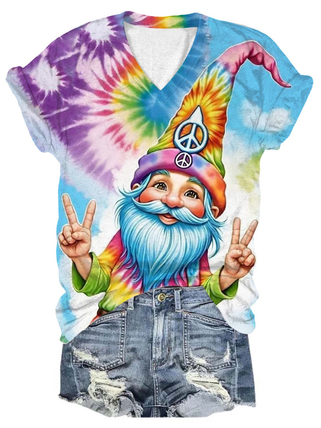 Hippie Tie Dye Gnome Print V Neck T-Shirt