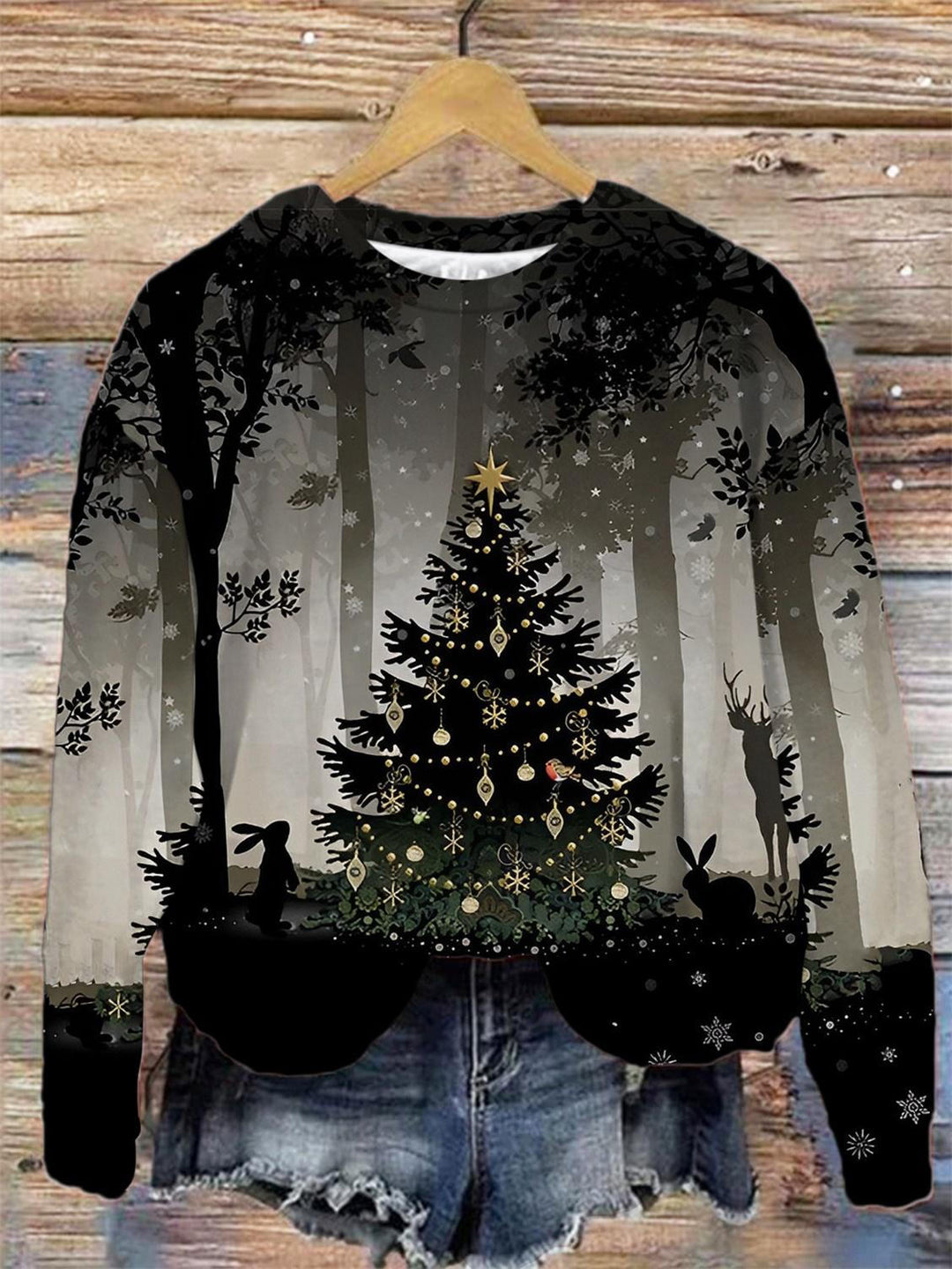 Christmas Forest Print Round Neck Long Sleeve Top