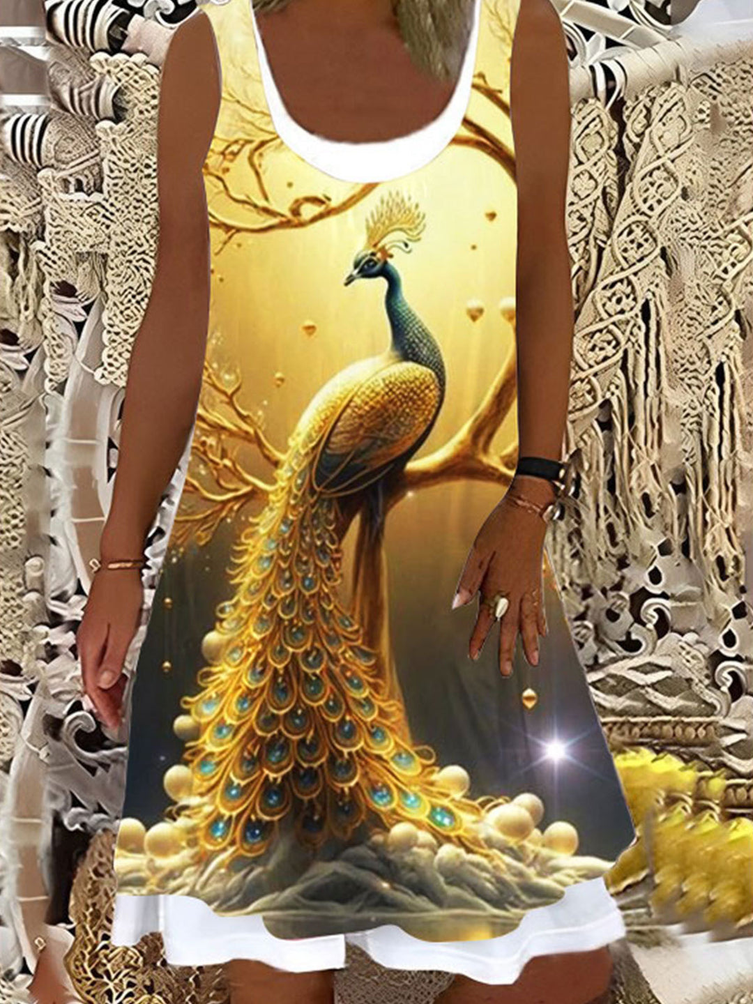 Women's Gold Peacock Print False Two Dress