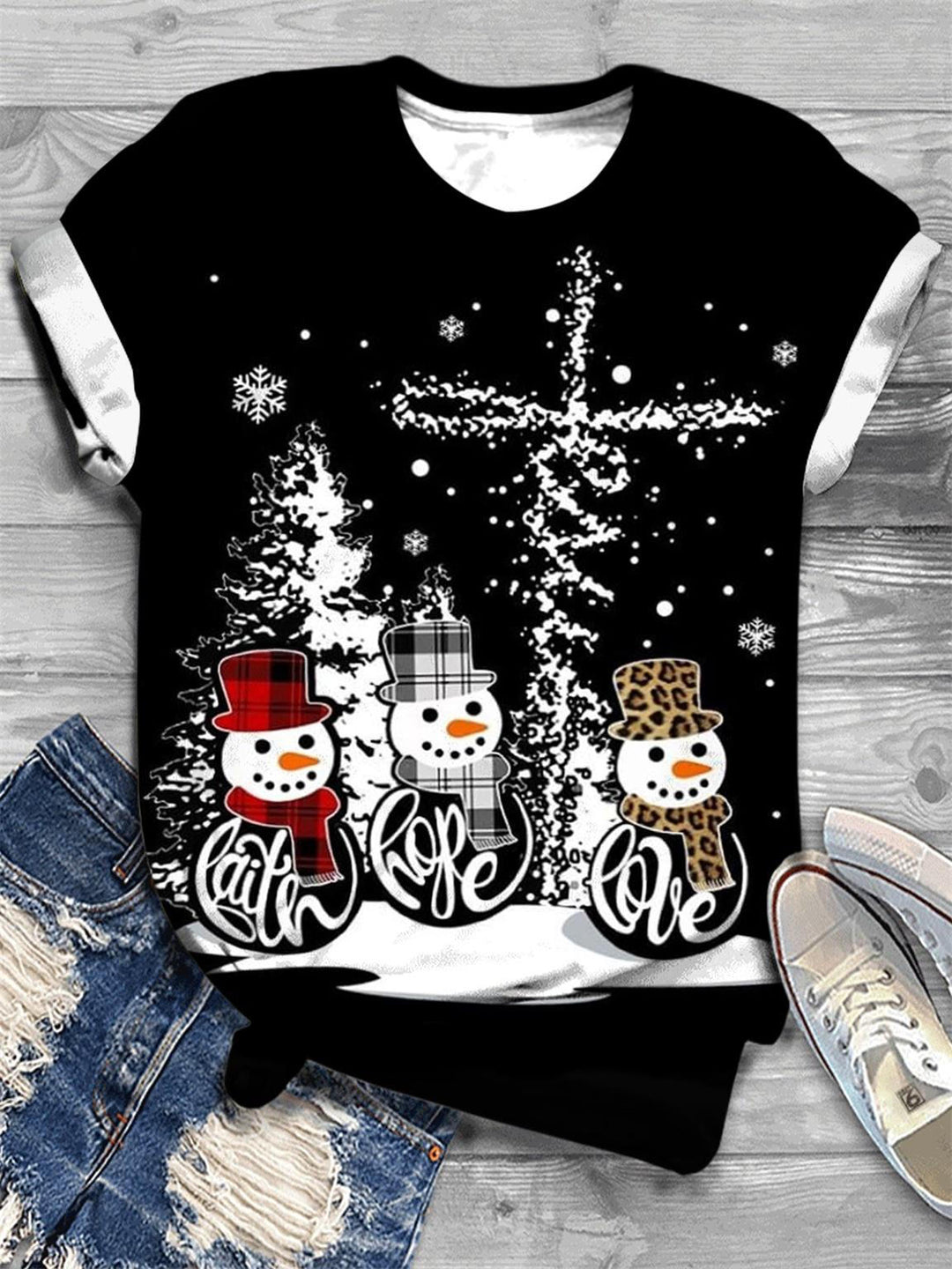 Snowman Faith Hope Love Print T-shirt
